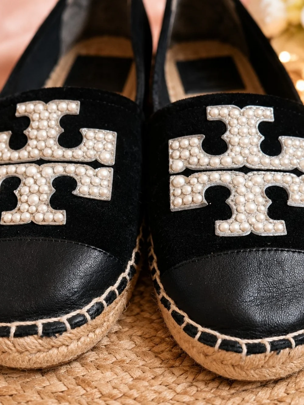 Tory Burch Black Espadrille Flats with Pearl Logo